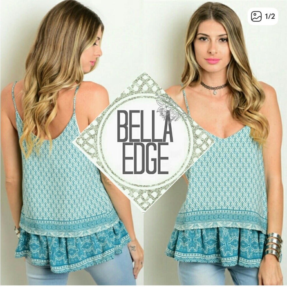 Teal and White Print Layered Tank Top